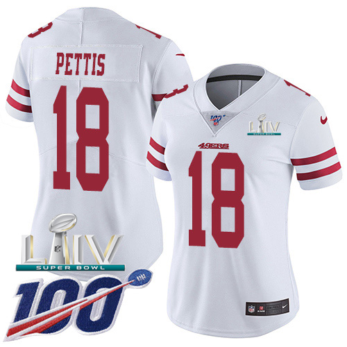 San Francisco 49ers Nike #18 Dante Pettis White Super Bowl LIV 2020 Women Stitched NFL 100th Season Vapor Limited Jersey->youth nfl jersey->Youth Jersey